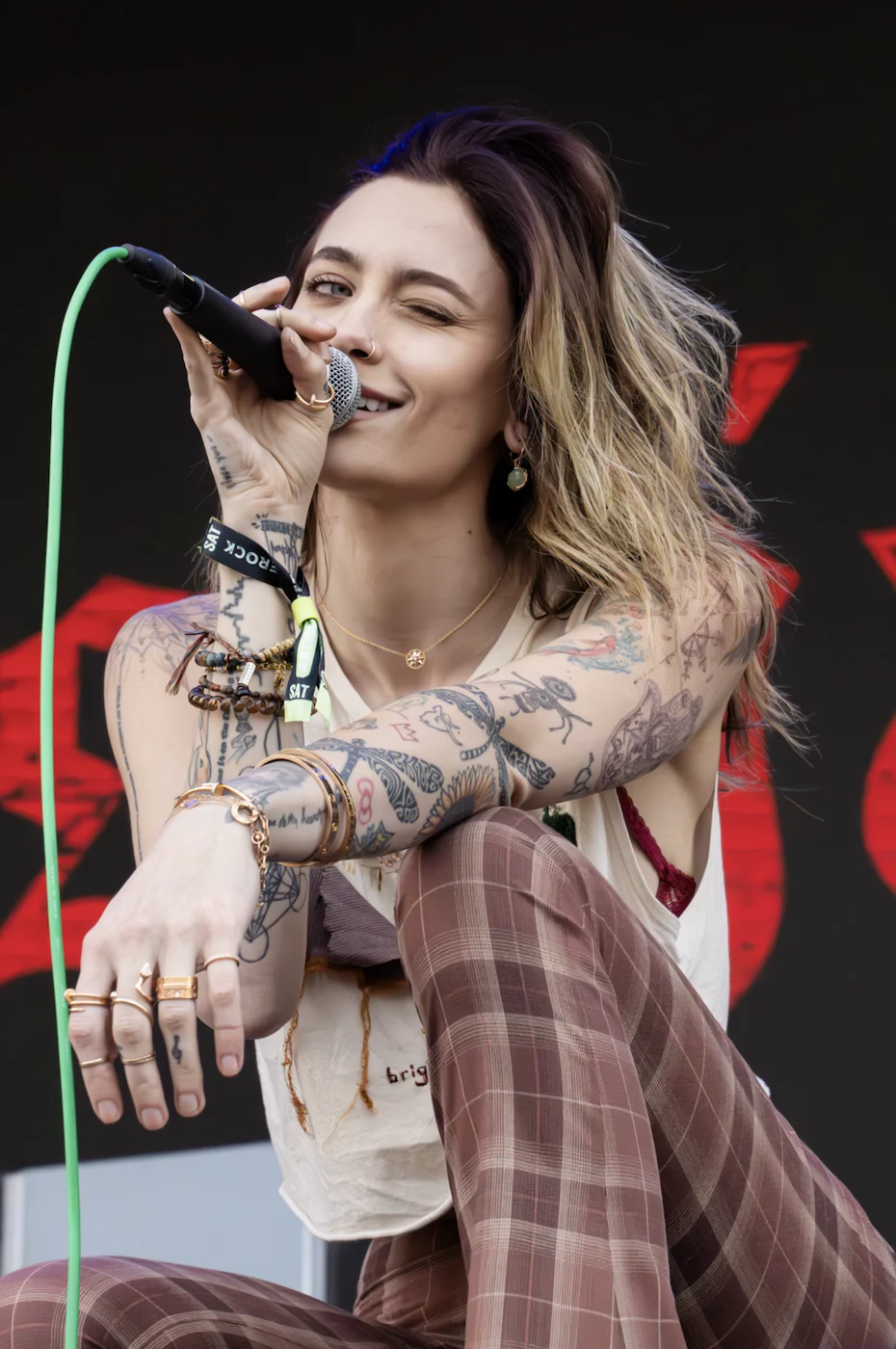 Tattooed vocalist singing into the mic