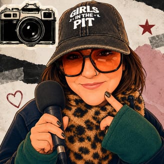 Illustrated portrait of Tara Lenehan in a Girls in the Pit cap, holding a microphone